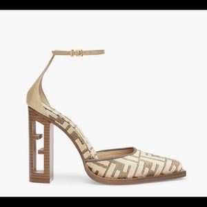 Fendi Beige Monogram Ankle-Strap Block Heel Pumps